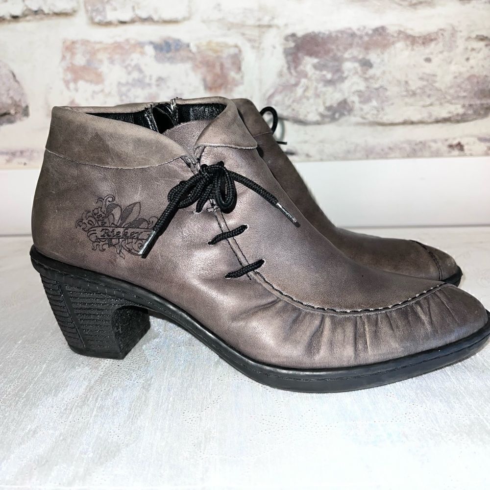 Rieker Leather Green Grey Booties Monogrammed Sz 38 or US 8